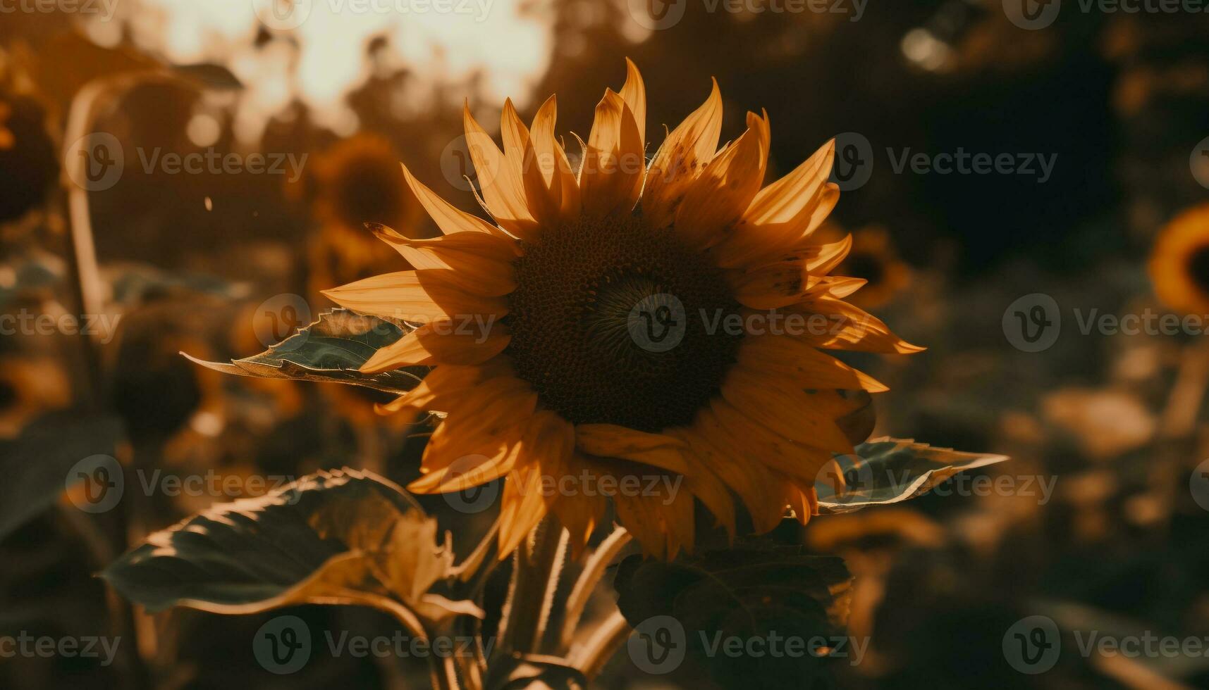 vibrante girassol Flor dentro rural Prado, retroiluminado de pôr do sol laranja gerado de ai foto