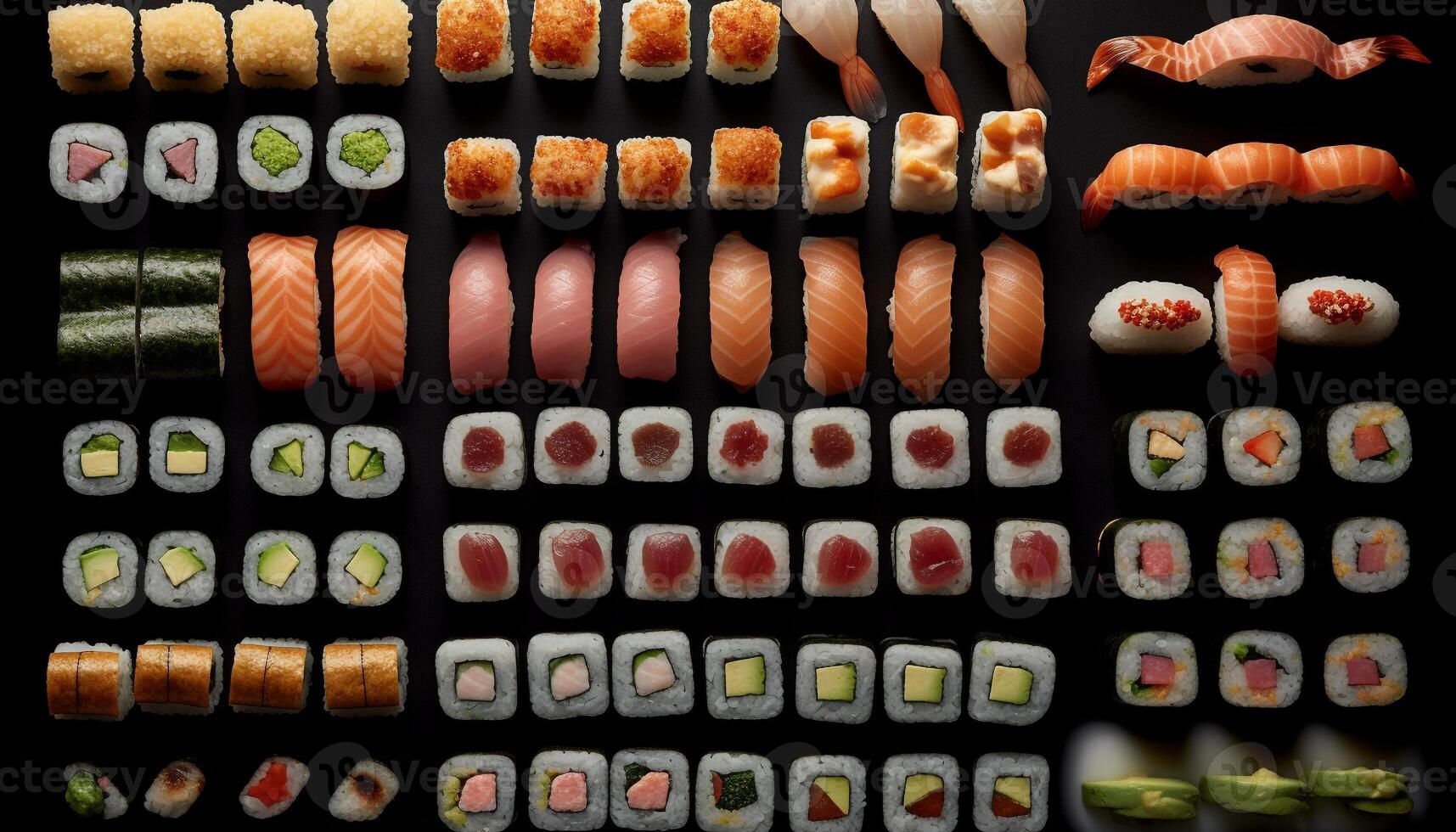 gourmet frutos do mar refeição fresco Sushi conjunto com saudável abacate e nori gerado de ai foto