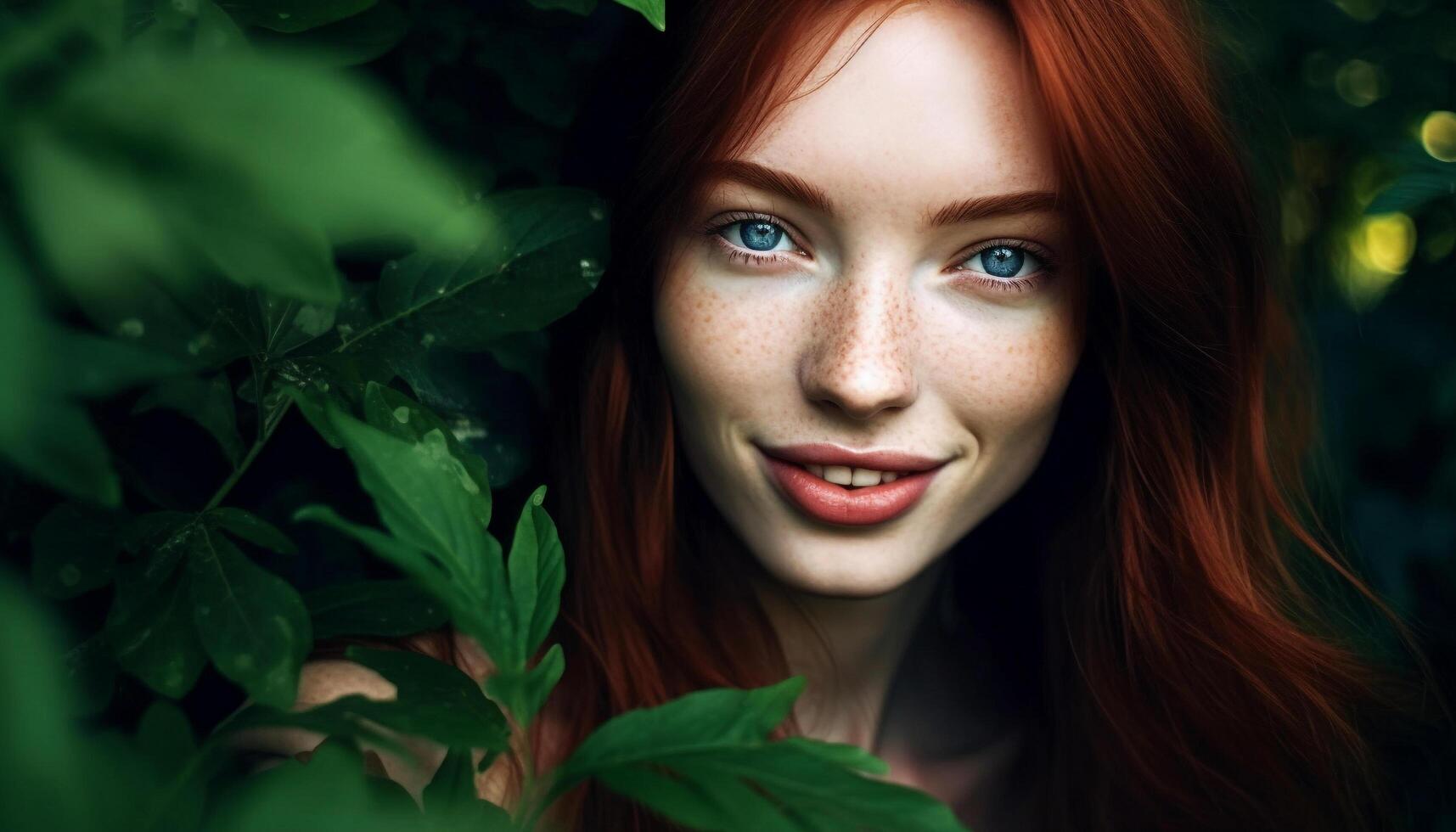 sorridente jovem mulher dentro natureza, beleza e elegância dentro foco gerado de ai foto