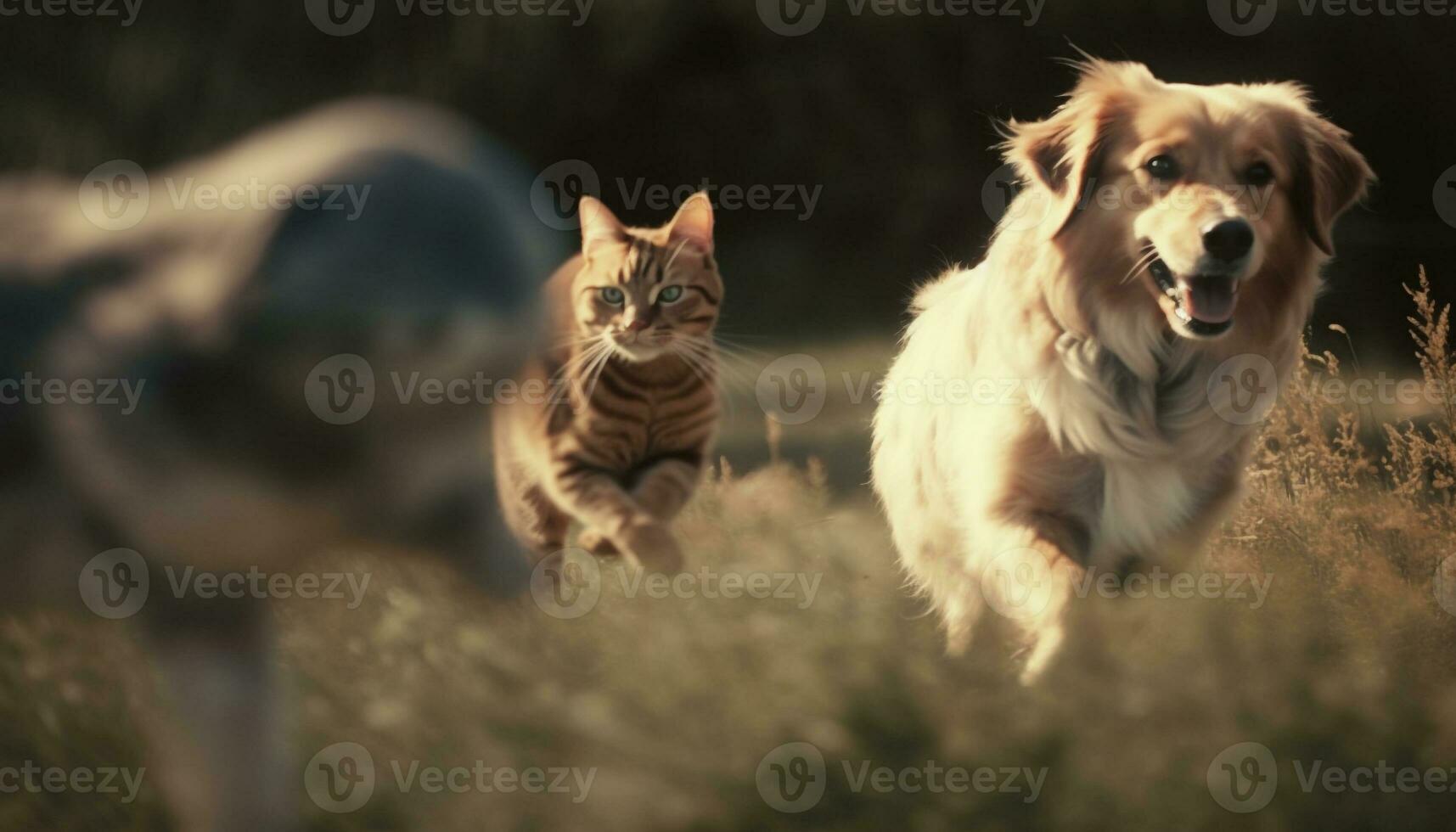 brincalhão cachorro e curioso gatinho apreciar verão Prado com retriever gerado de ai foto
