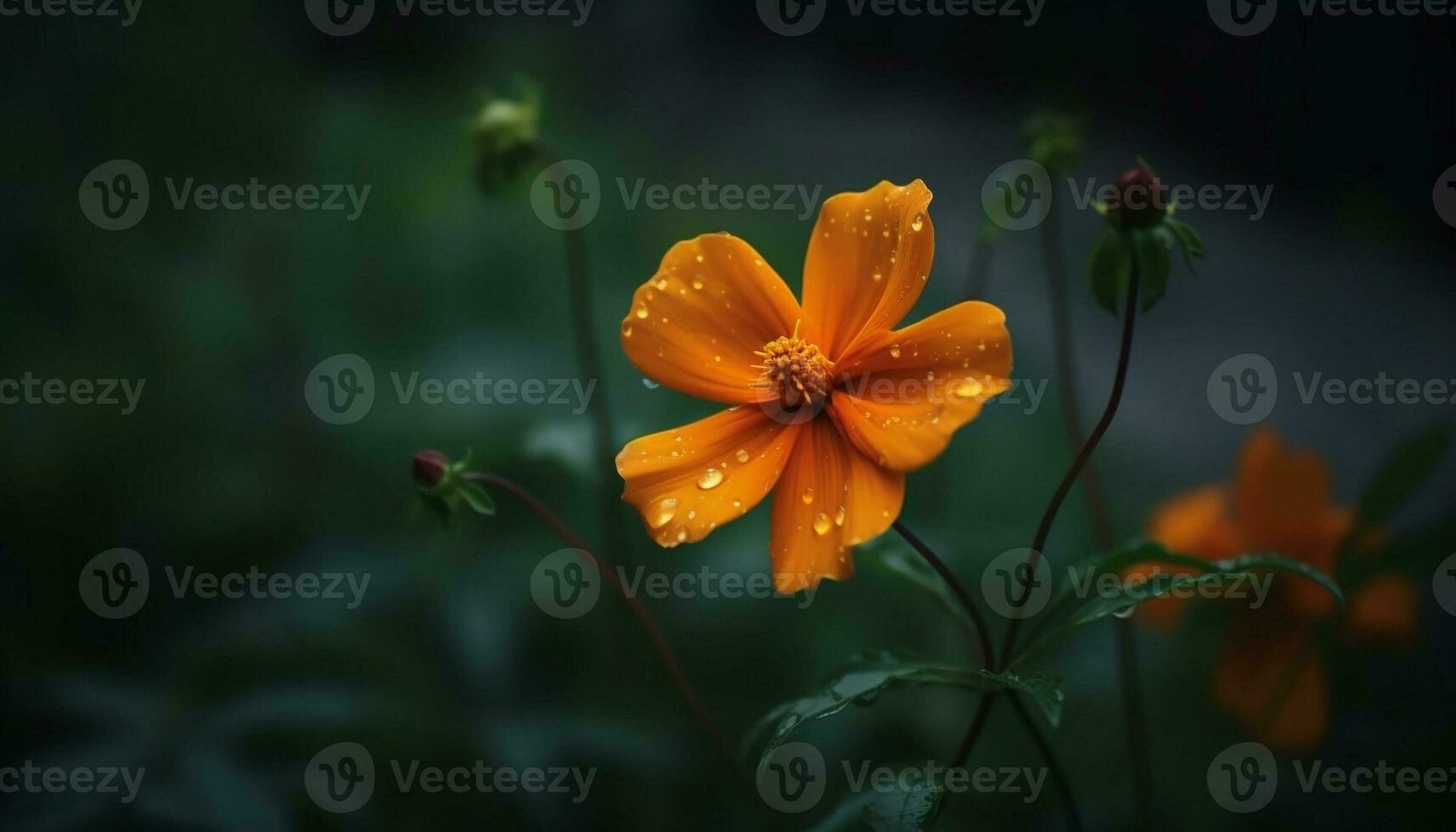 vibrante flores silvestres Prado, orvalho gotas em roxa e laranja cosmos gerado de ai foto