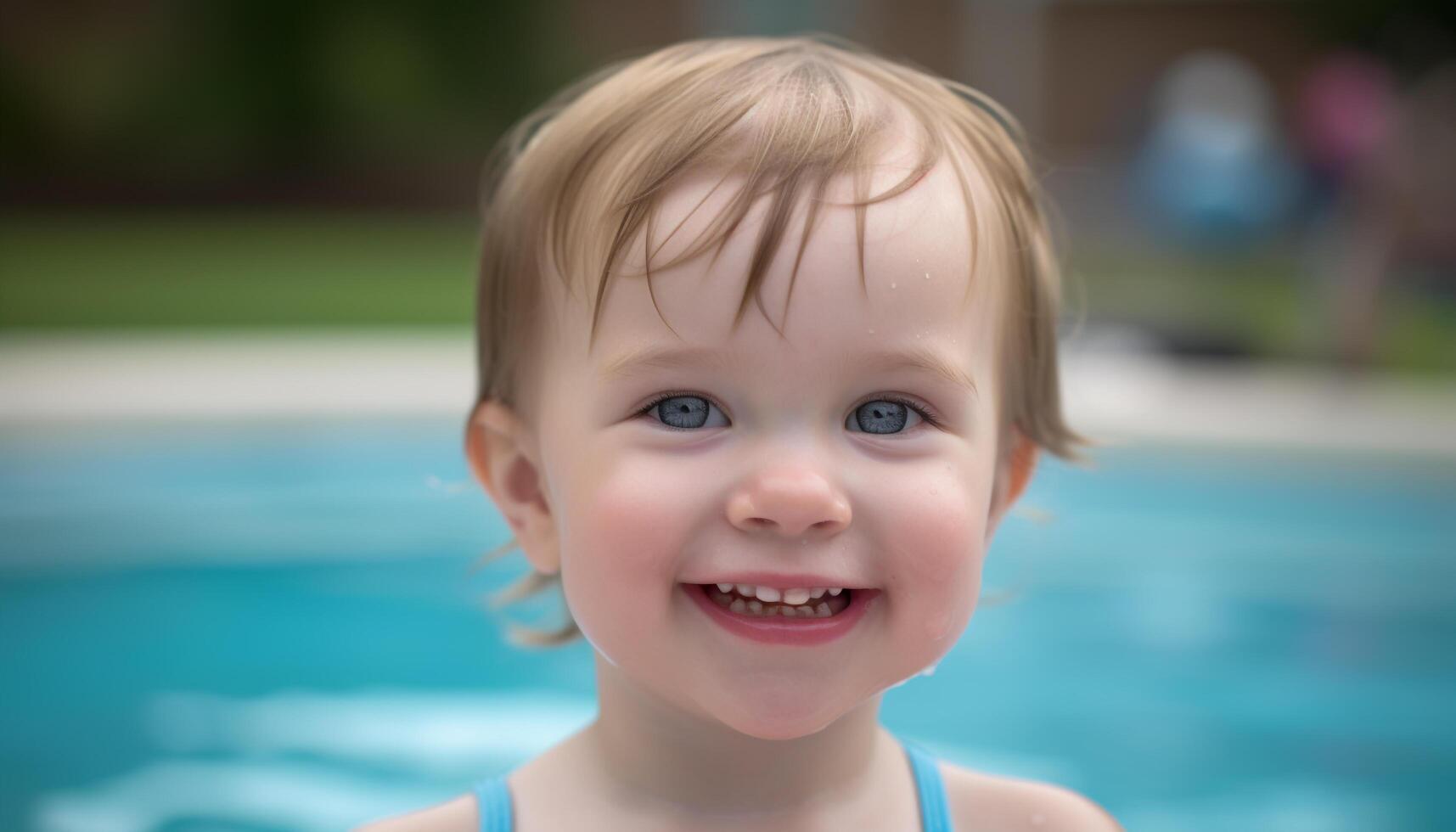 fofa caucasiano criança pequena sorridente dentro natação piscina, desfrutando despreocupado verão gerado de ai foto