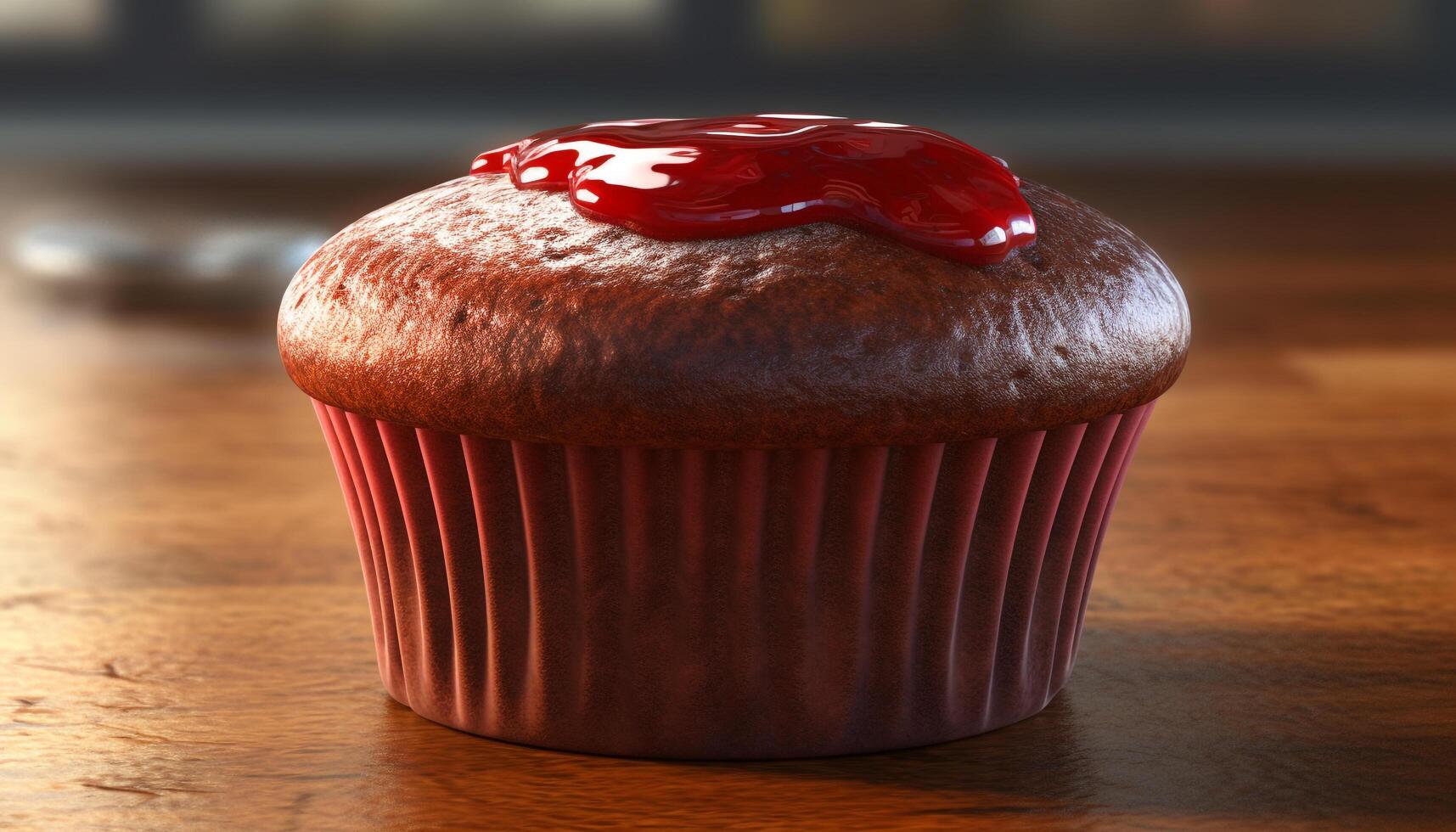 caseiro chocolate lasca muffin, uma doce indulgência em de madeira mesa gerado de ai foto