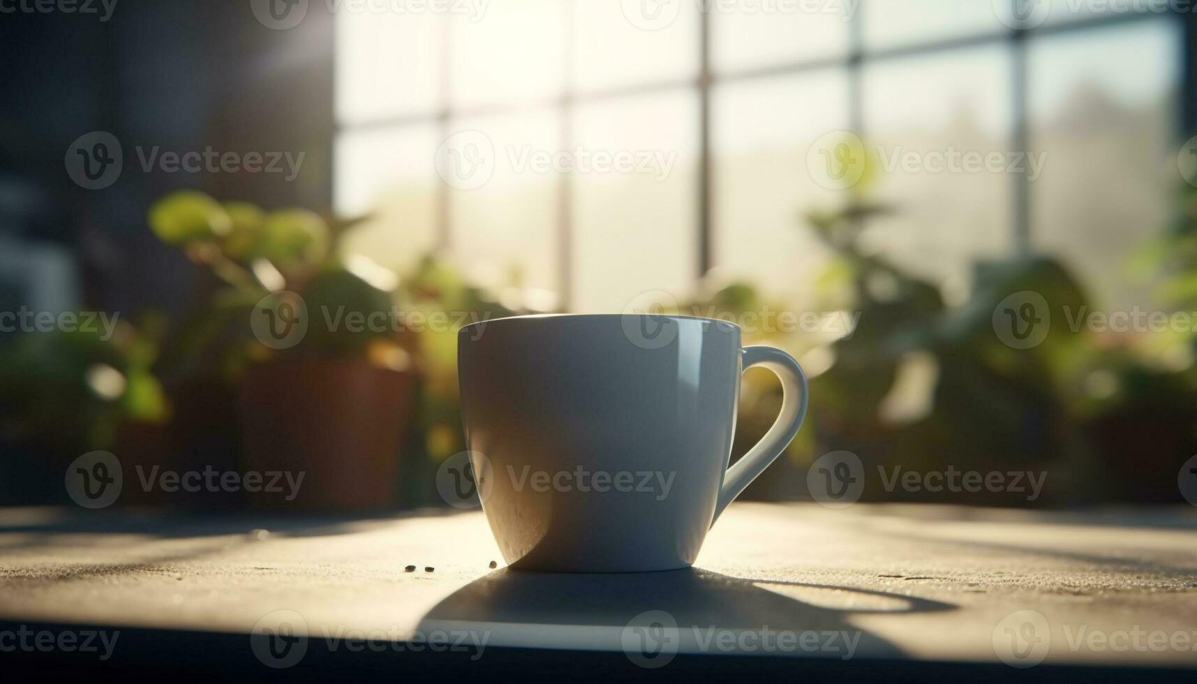 uma fresco café copo em uma de madeira mesa de a janela gerado de ai foto
