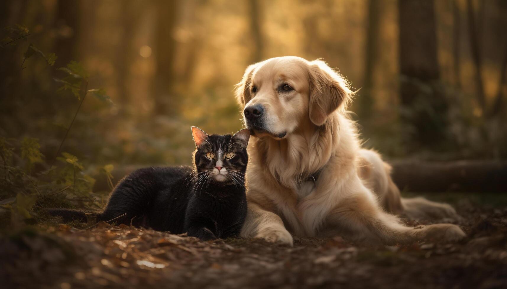 dourado retriever e gatinho jogando dentro Relva em ensolarado dia gerado de ai foto