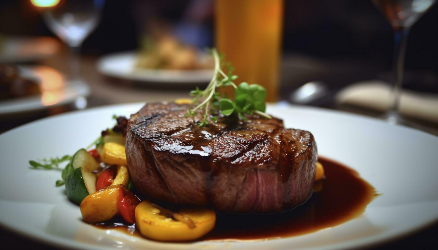 grelhado filé bife com fresco vegetais, uma gourmet a Principal curso gerado de ai foto