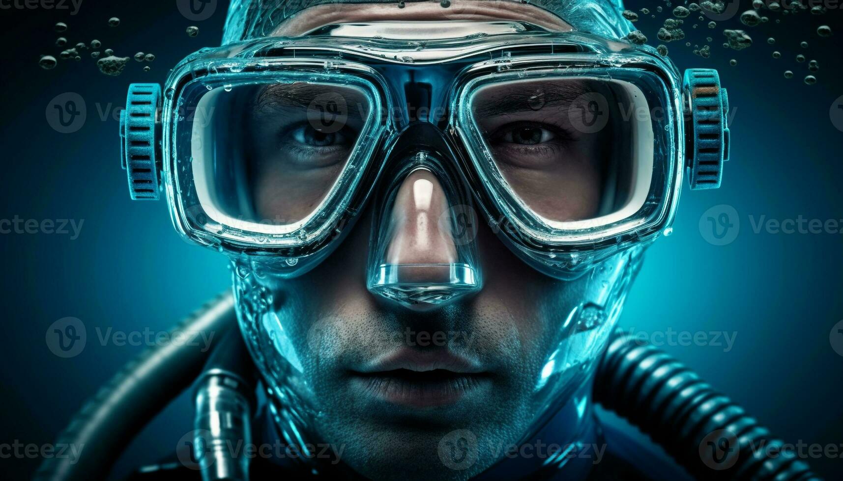 uma futurista cyborg atleta, embaixo da agua, olhando às Câmera com oxigênio gerado de ai foto