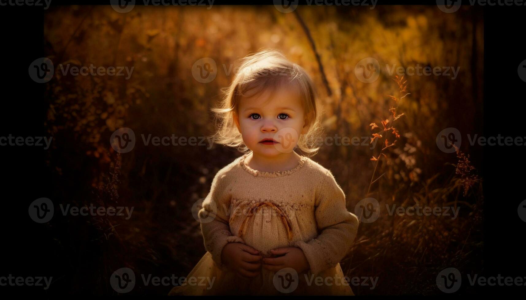 sorridente bebê menina sentado dentro Prado, cercado de natureza beleza gerado de ai foto