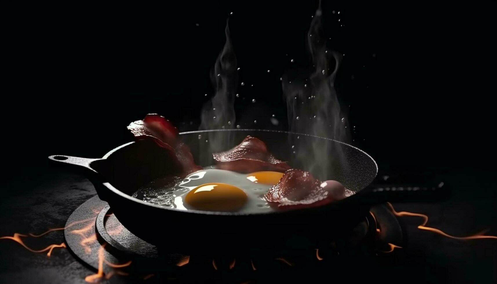 frito carne de porco e ovo em fundida ferro, cozinhando dentro chama gerado de ai foto