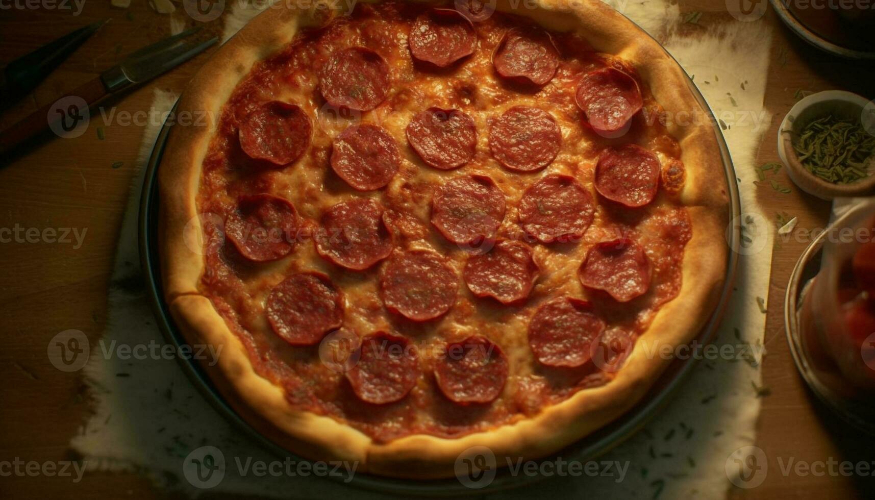 recentemente cozido gourmet pizza com mussarela, salame, e tomate fatia gerado de ai foto