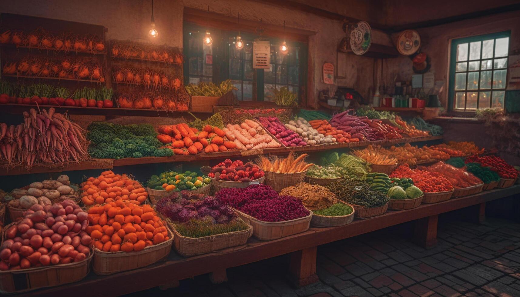 fresco orgânico frutas e legumes dentro multi colori mercado cesta gerado de ai foto