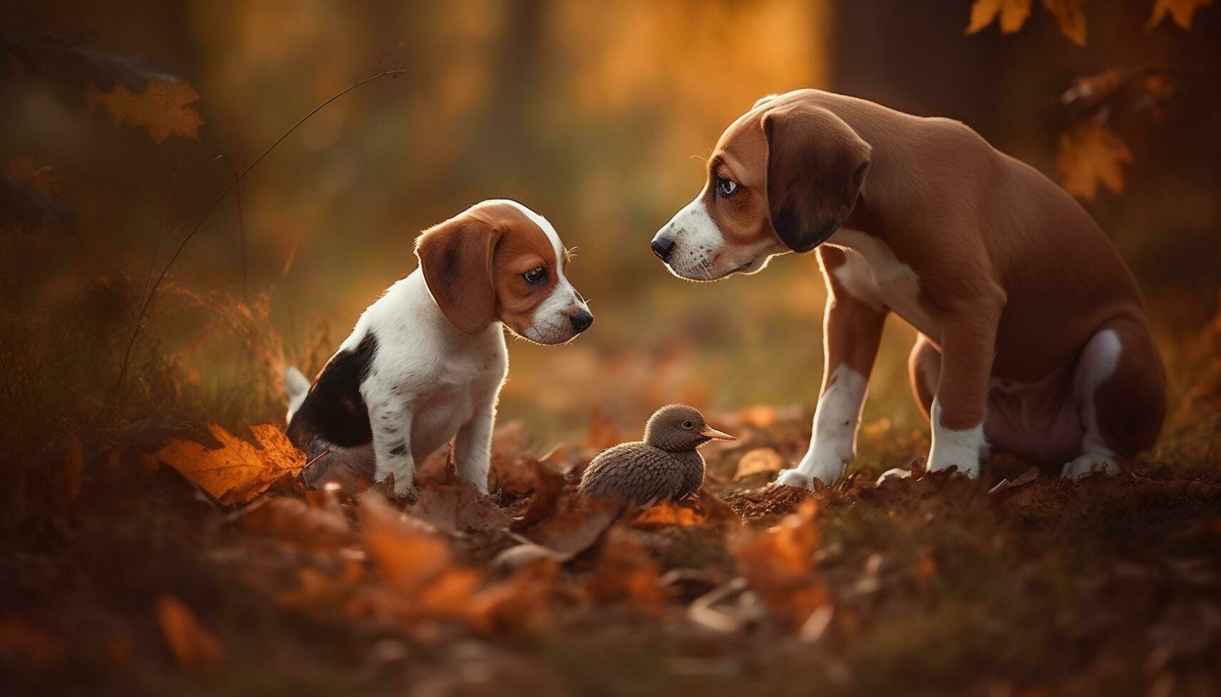 brincalhão beagle e terrier sentado dentro outono grama, desfrutando natureza gerado de ai foto