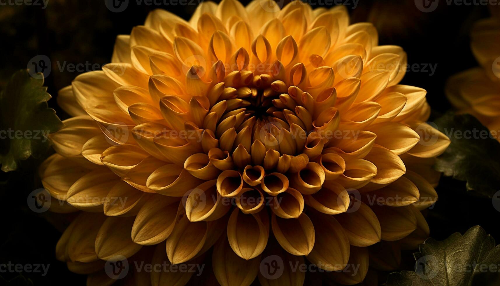 vibrante amarelo dália, solteiro flor, Preto fundo, fechar acima macro gerado de ai foto