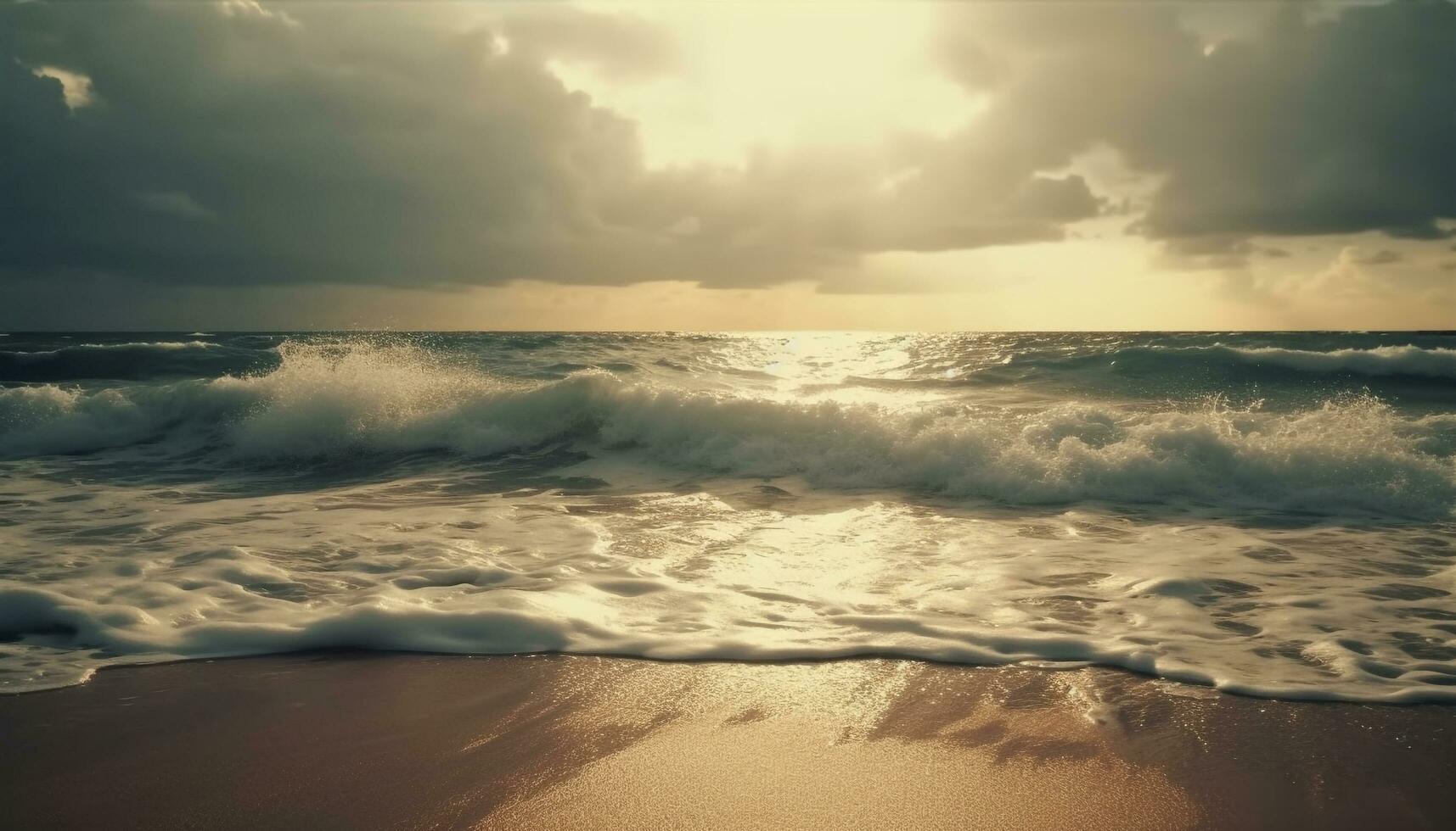 tranquilo marinha às alvorecer, com amarelo luz solar e dramático céu gerado de ai foto