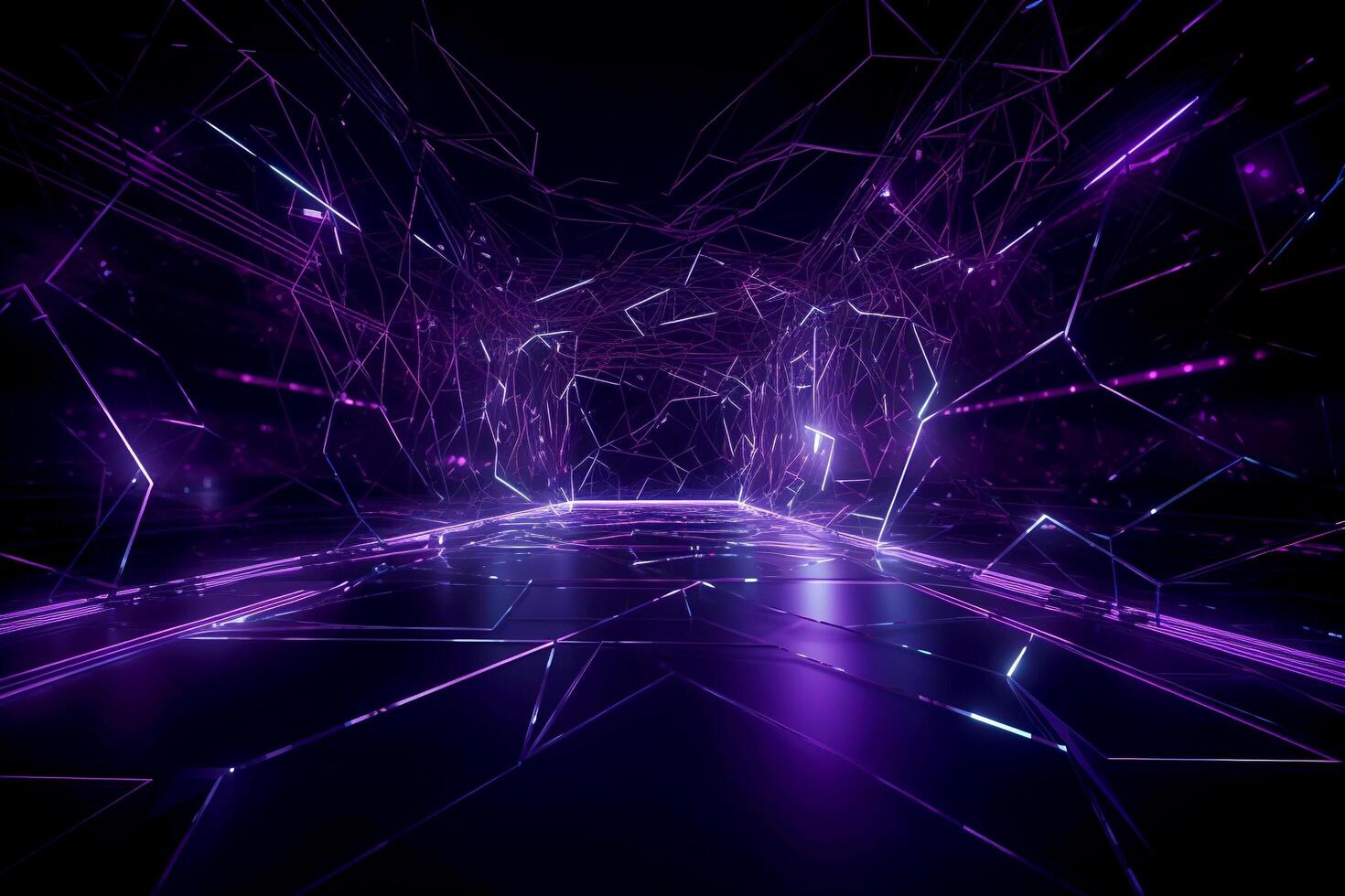 abstrato simulação scence néon claro. tecnologia trabalho em rede ciberespaço 3d perspectiva sala. vr realidade túnel ilustração de ai gerado foto