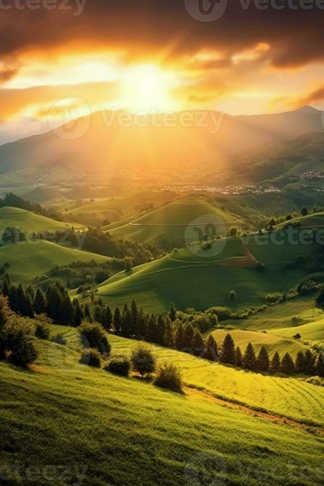 a Sol sobe sobre uma encosta com gramíneo Campos e a área com uma colina. ai generativo foto