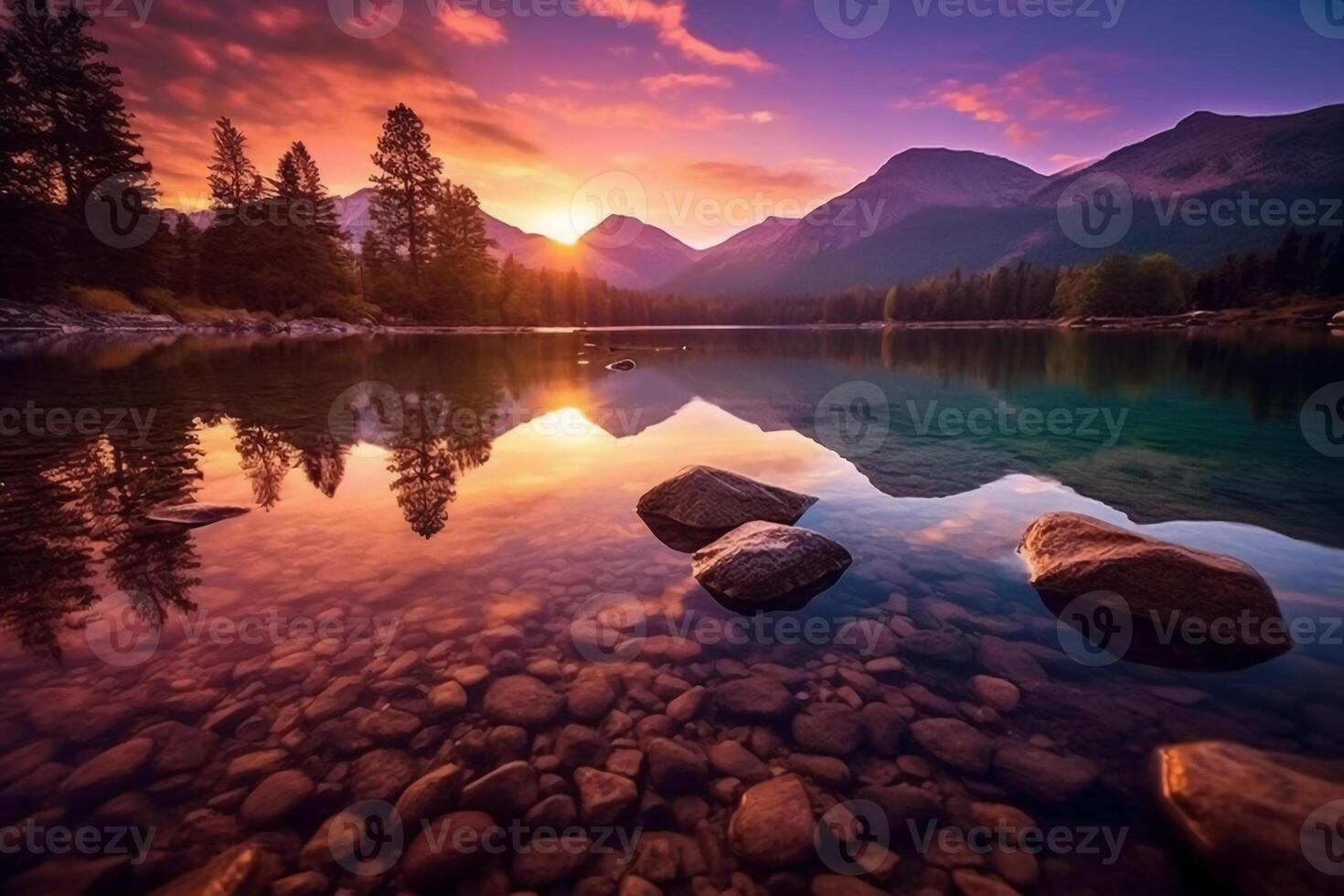 cenário uma cativante cena do uma tranquilo lago às pôr do sol. ai generativo foto