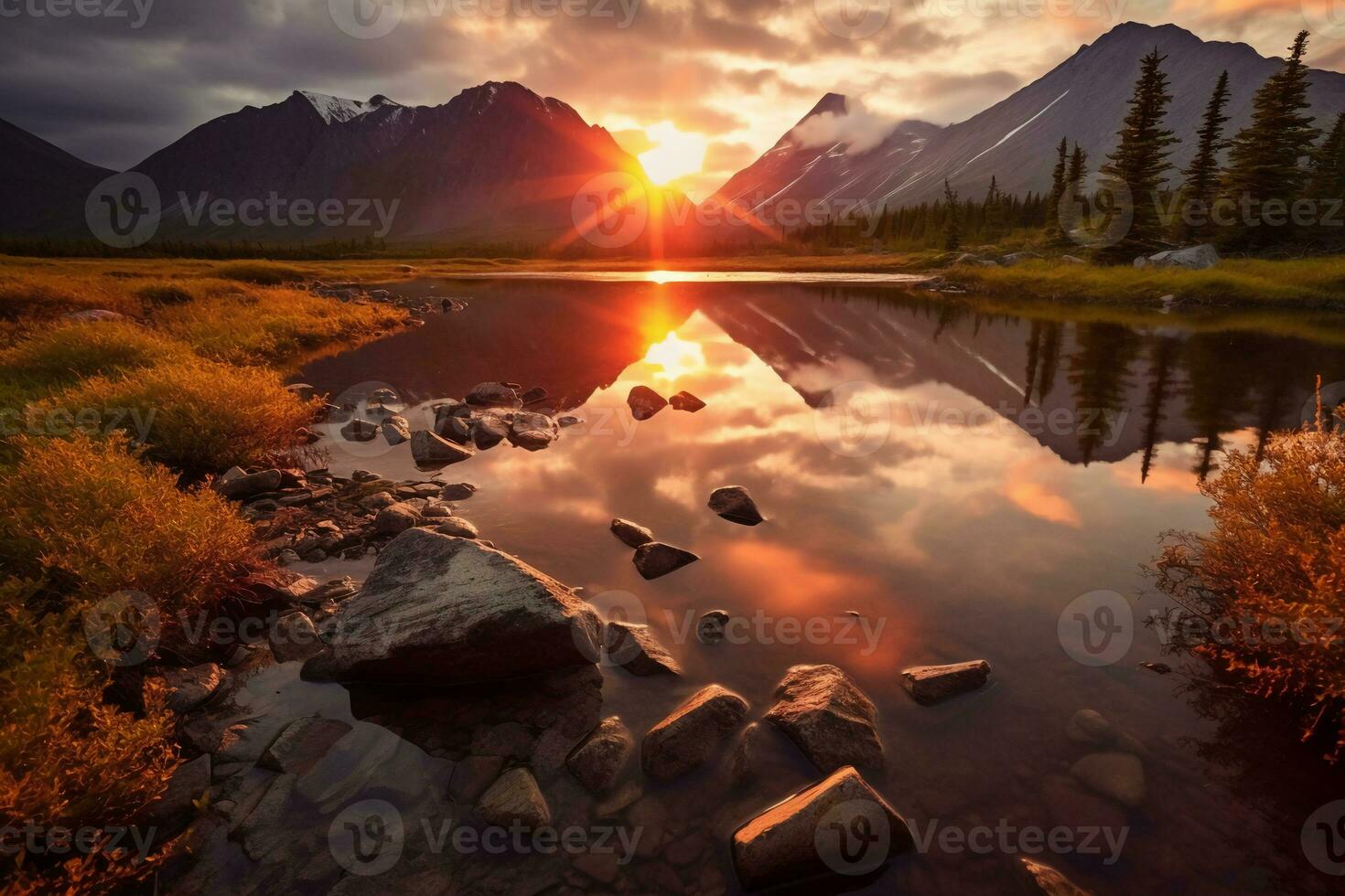 cenário uma cativante cena do uma tranquilo lago às pôr do sol. ai generativo foto