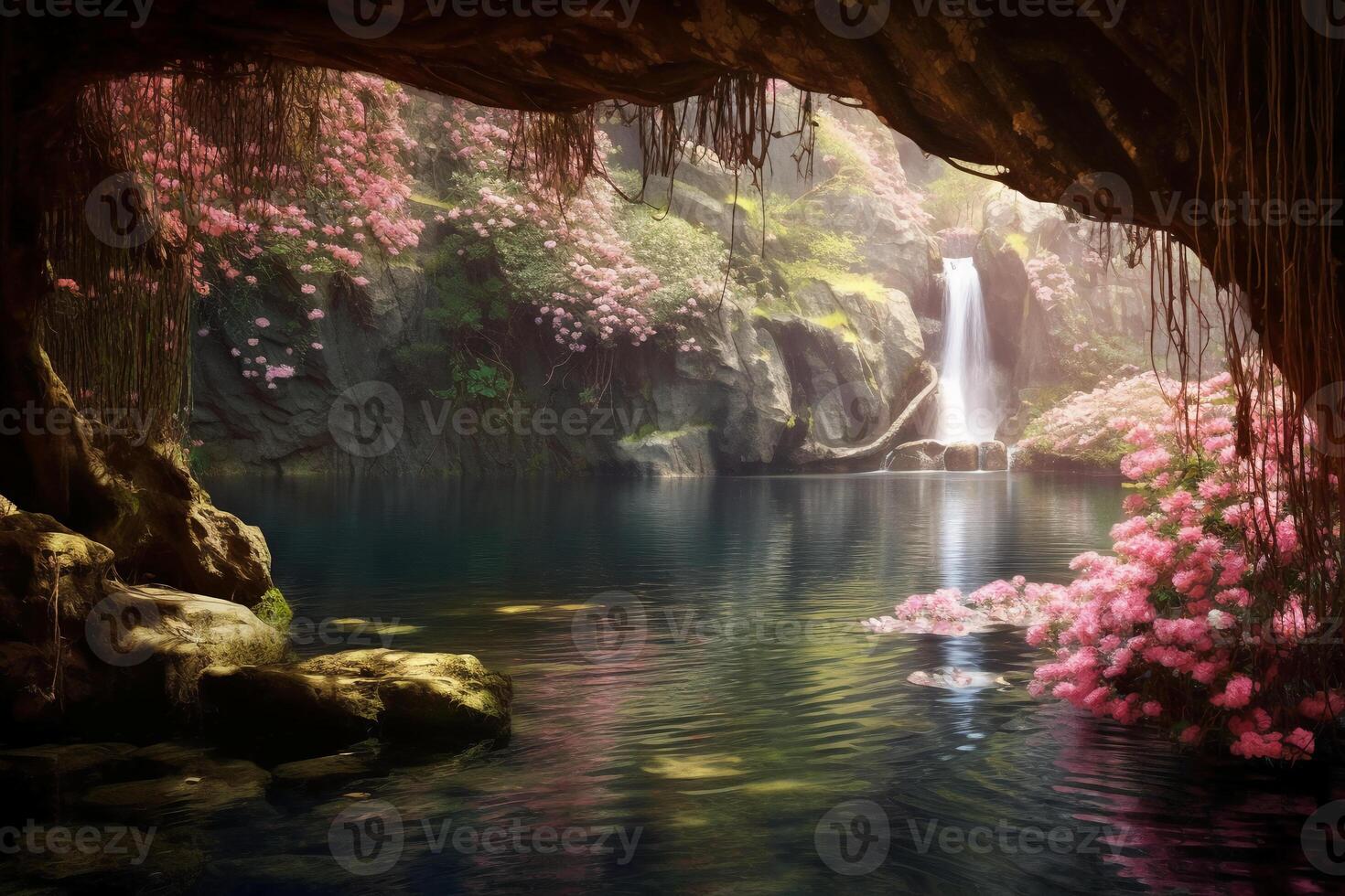 cachoeiras estão queda em, raios solares estão tocante a água e cristais e refletir a luz, musgo plantas e linda flora. ai generativo foto