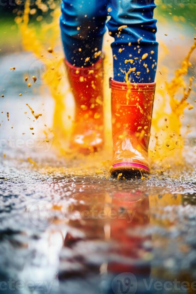 ampliação dentro em uma par do brilhantemente colori chuva chuteiras espirrando através poças. ai generativo foto