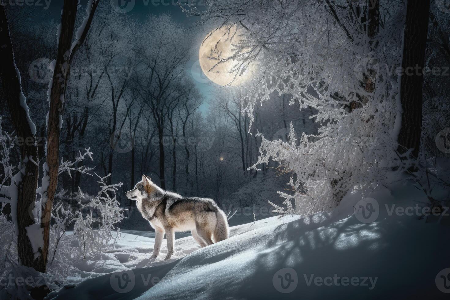 ai gerado majestoso Lobo dentro uma inverno paisagem, cercado de neve e gelado árvores foto