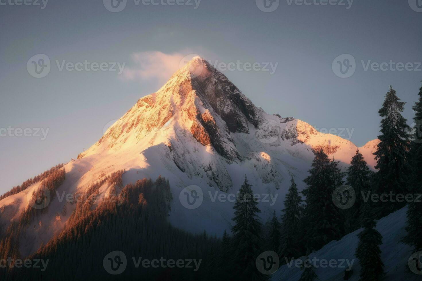 ai gerado coberto de neve montanha pico, alongamento para cima para a céu e banhado dentro a caloroso brilho do uma nascer do sol. foto