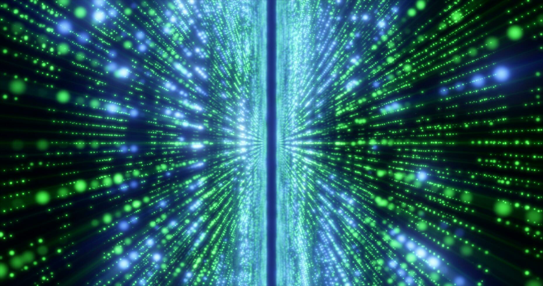 abstrato verde energia oi-tech linhas e digital partículas mosca dentro uma túnel com bokeh efeito brilhando fundo foto
