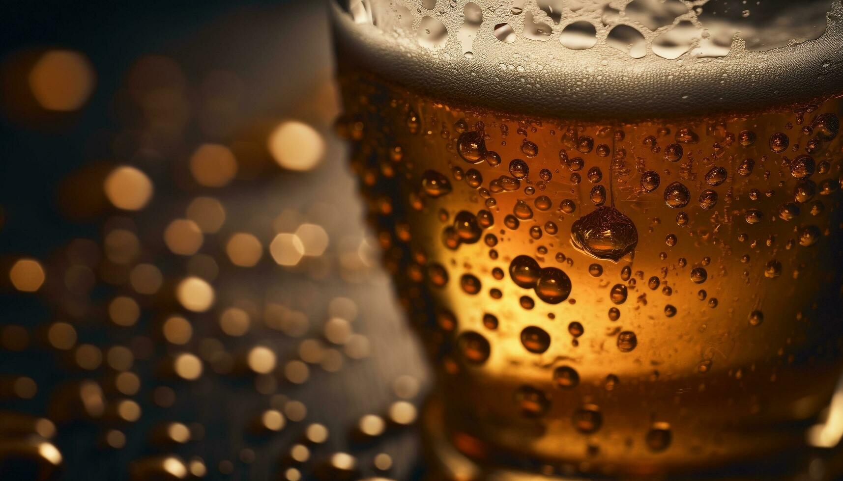 dourado Cerveja bolhas solta dentro molhado vidro gerado de ai foto
