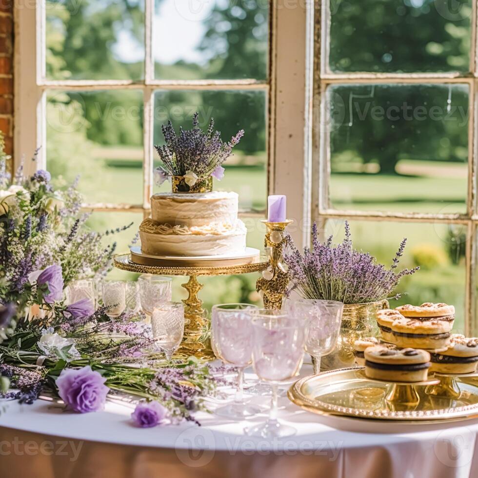 Casamento bolo com lavanda floral decoração, festa celebração e feriado sobremesa dentro uma campo jardim, evento Comida refeições, país chalé estilo, generativo ai foto