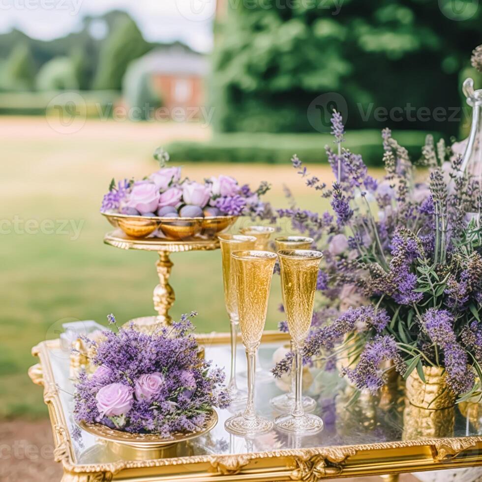 sobremesa bufê mesa, Comida refeições para casamento, festa feriado celebração, lavanda decoração, bolos e sobremesas dentro uma país jardim, generativo ai foto