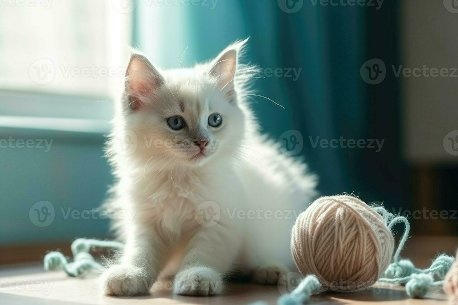 ai gerado adorável fofo gatinho jogando com uma bola do fio, dentro uma de cor pastel quarto com uma janela este vamos dentro caloroso luz solar. foto