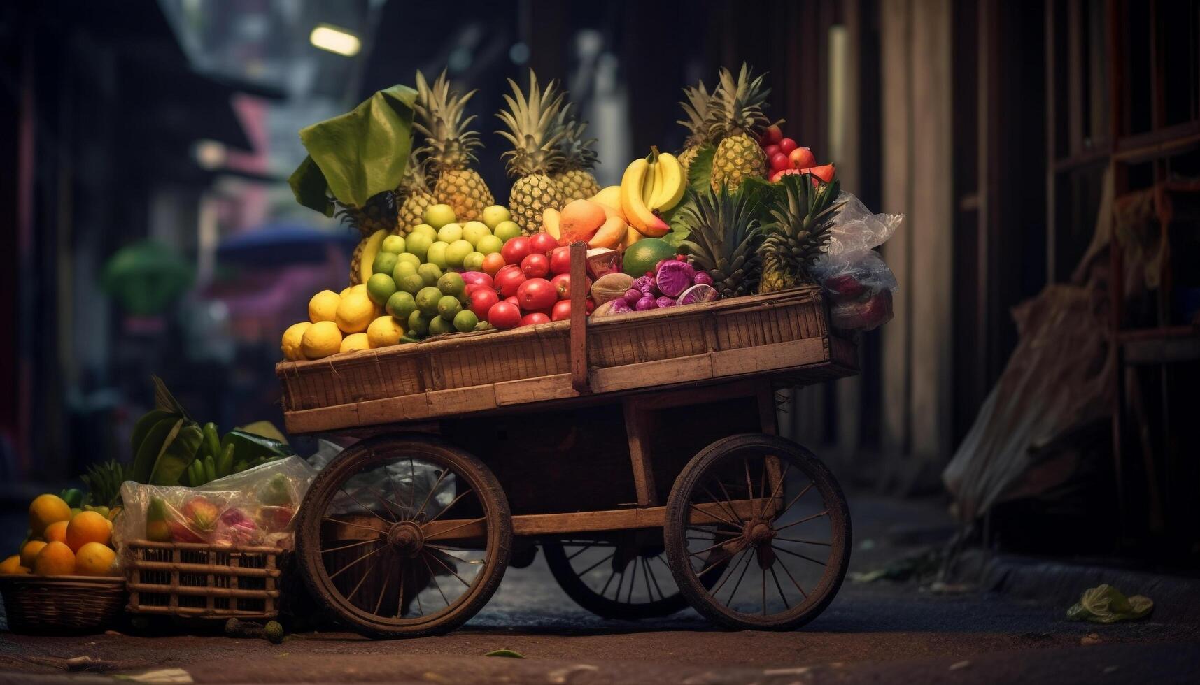 fresco tropical frutas dentro uma de madeira cesta para saudável comendo gerado de ai foto