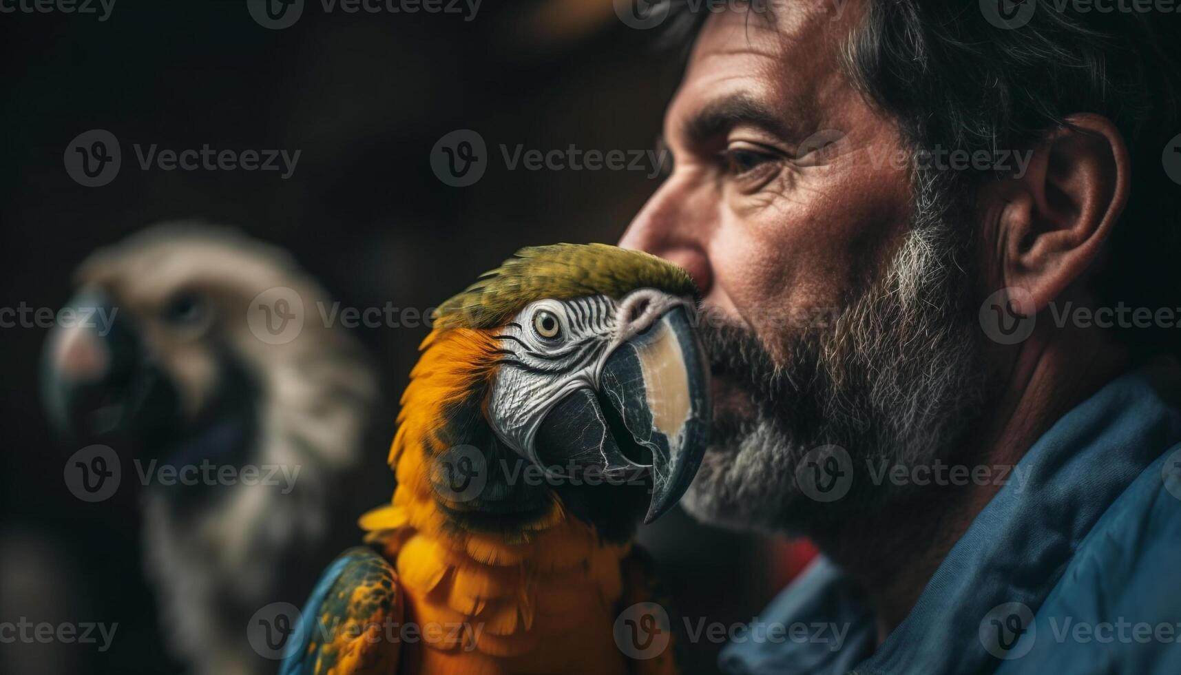 sorridente homem com barba detém fofa animal dentro natureza beleza gerado de ai foto