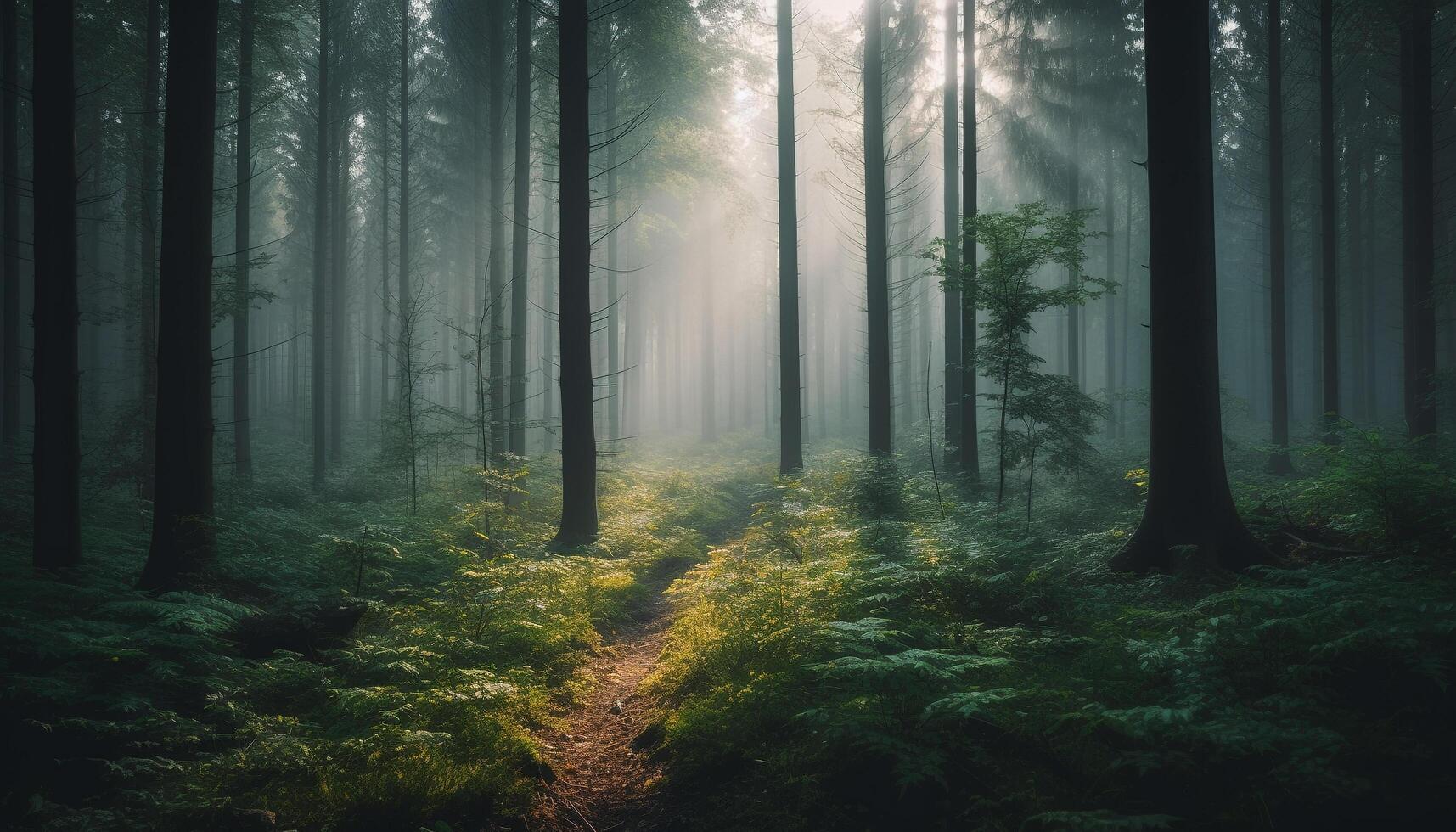 tranquilo trilha ventos através misterioso outono floresta do pinho árvores gerado de ai foto