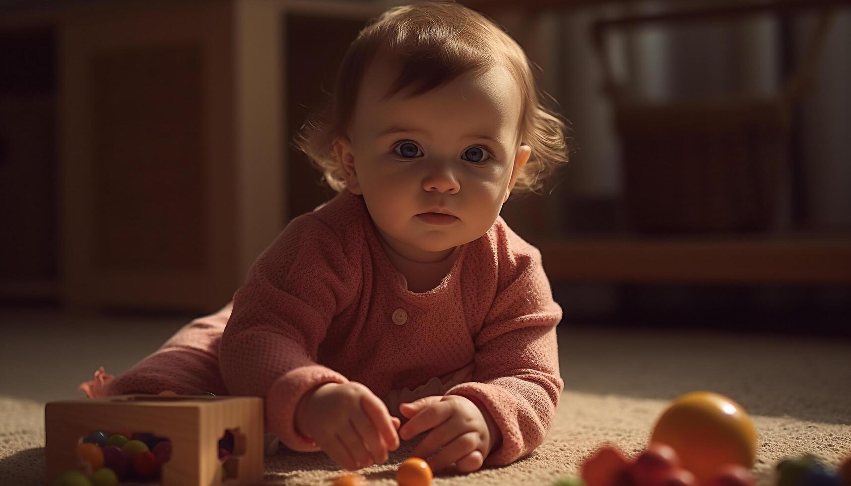 fofa bebê jogando com brinquedo, dentro de casa, cercado de família felicidade gerado de ai foto