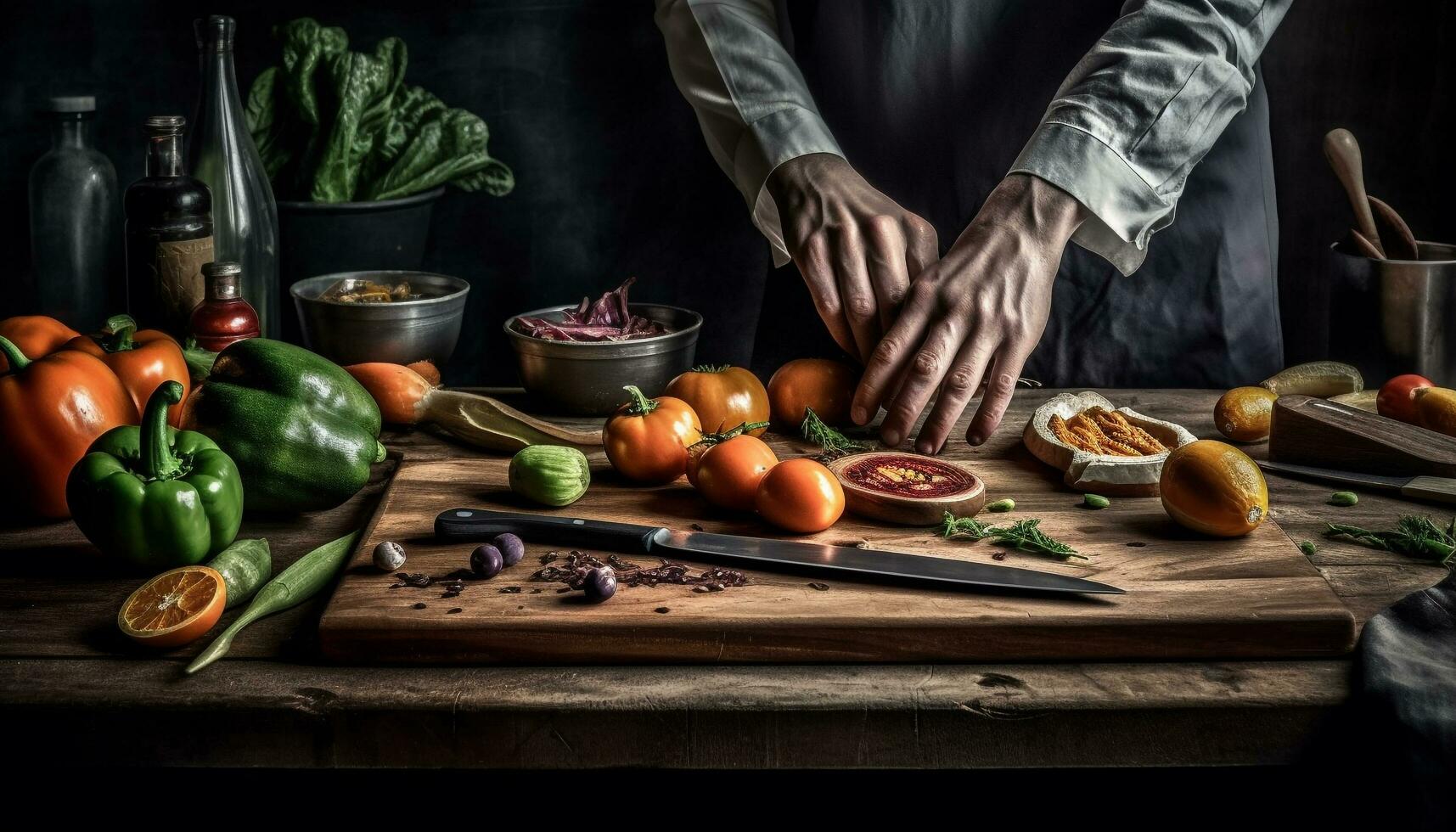 fresco orgânico vegetariano salada preparado de gourmet chefe de cozinha dentro de casa gerado de ai foto