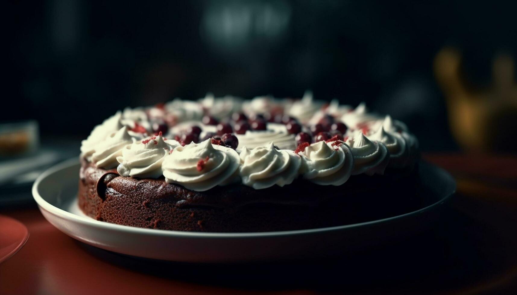 doce indulgência em uma prato chocolate bolo com açoitado creme gerado de ai foto