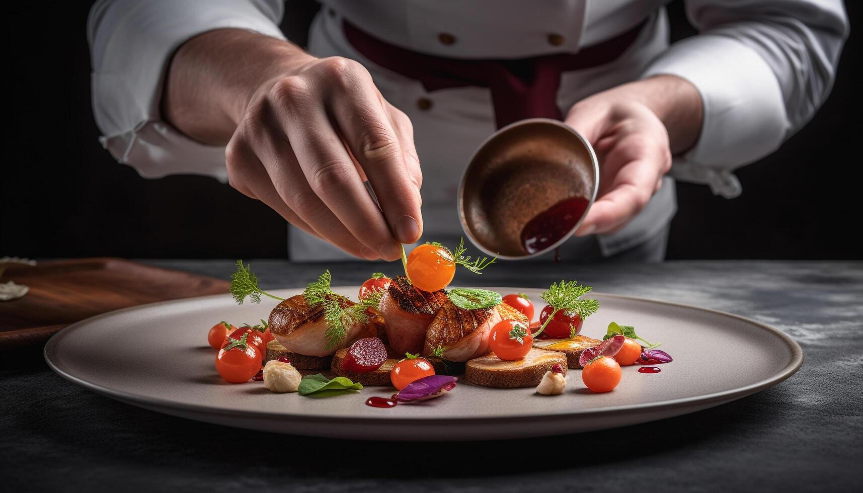 gourmet refeição grelhado carne e vegetal prato com fresco salada gerado de ai foto