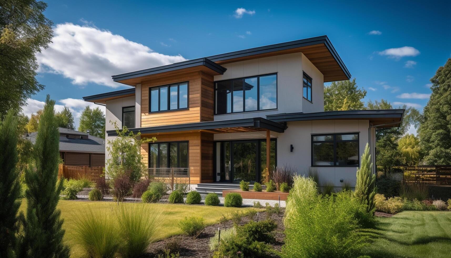 moderno luxo casa com paisagístico Jardim e natureza gerado de ai foto