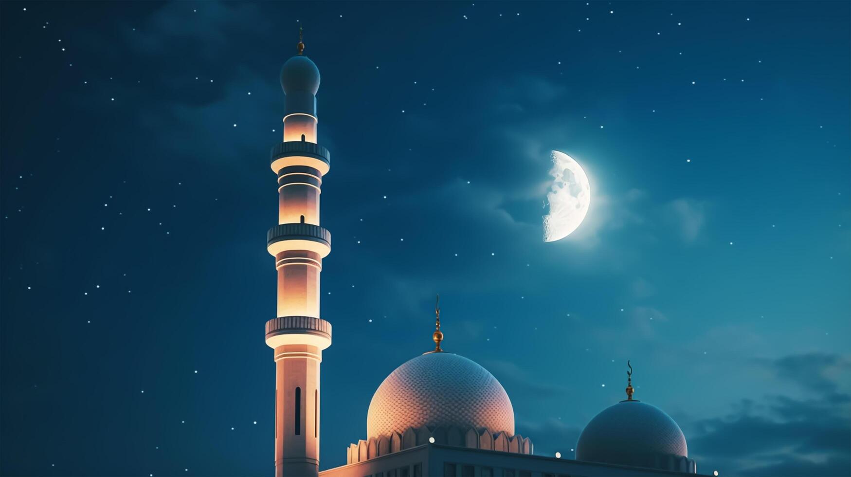 fechar-se mesquita minarete às a noite com paisagem, cheio lua dentro a fundo, fechar-se com cópia de espaço. generativo ai foto