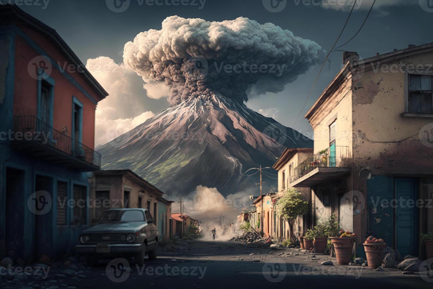 vulcânico erupção dentro a cidade. fumaça a partir de a montanha, casas, carro, natural desastre, catástrofe. generativo ai foto