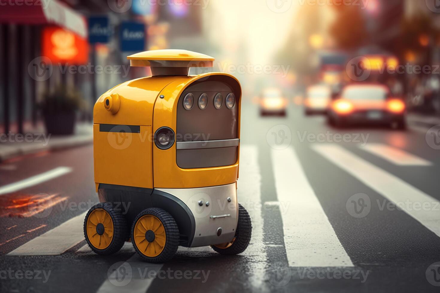 amarelo robô correio cruzando estrada em rua às pedestre faixa de pedestre. robótico serviço, futuro tecnologias. generativo ai foto