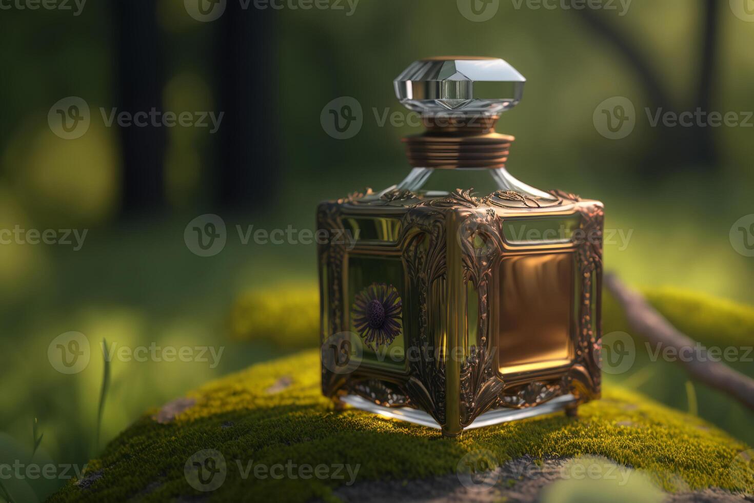 perfume dentro decorado garrafa em pé dentro floresta em musgo ao ar livre. eco amigáveis natural fragrância conceito. ilustração criada de generativo ai foto
