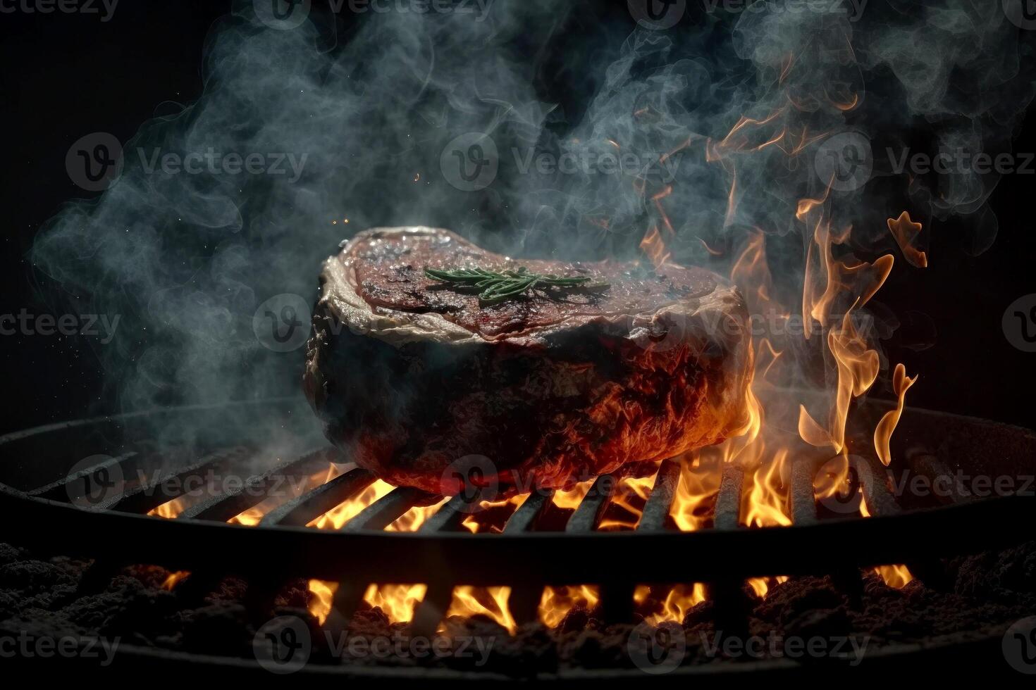 bife é cozinhando em uma grade com chamas dentro a Backgroung do a grade, generativo ai foto