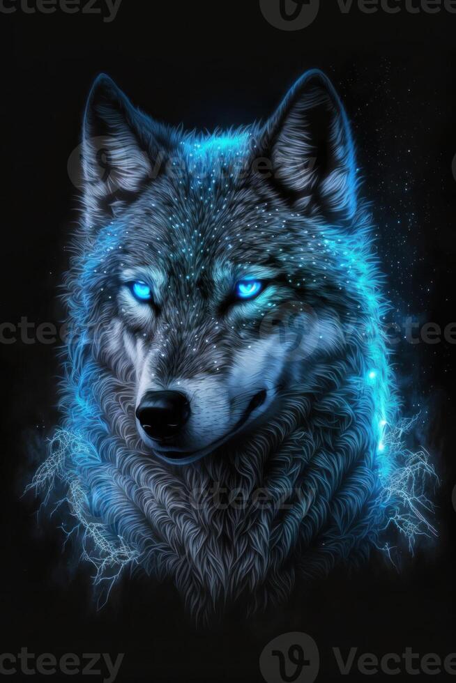 Magia geada Lobo com azul olhos em Preto fundo. generativo ai foto