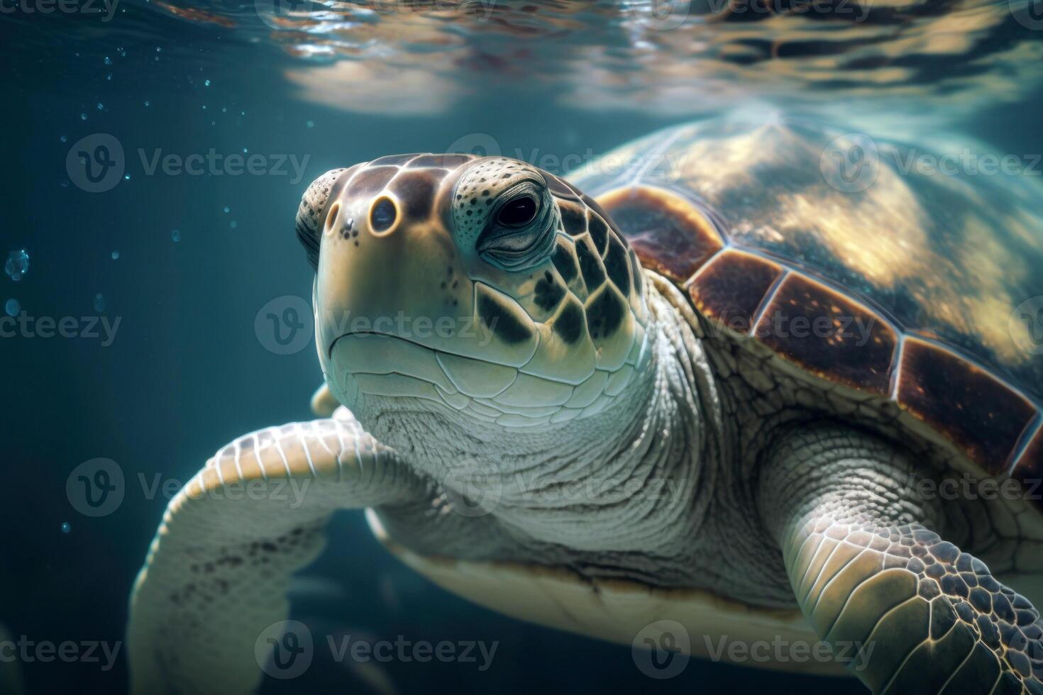 fechar selvagem tartaruga flutuando sobre lindo natural oceano fundo, com luz solar através água superfície, generativo ai foto