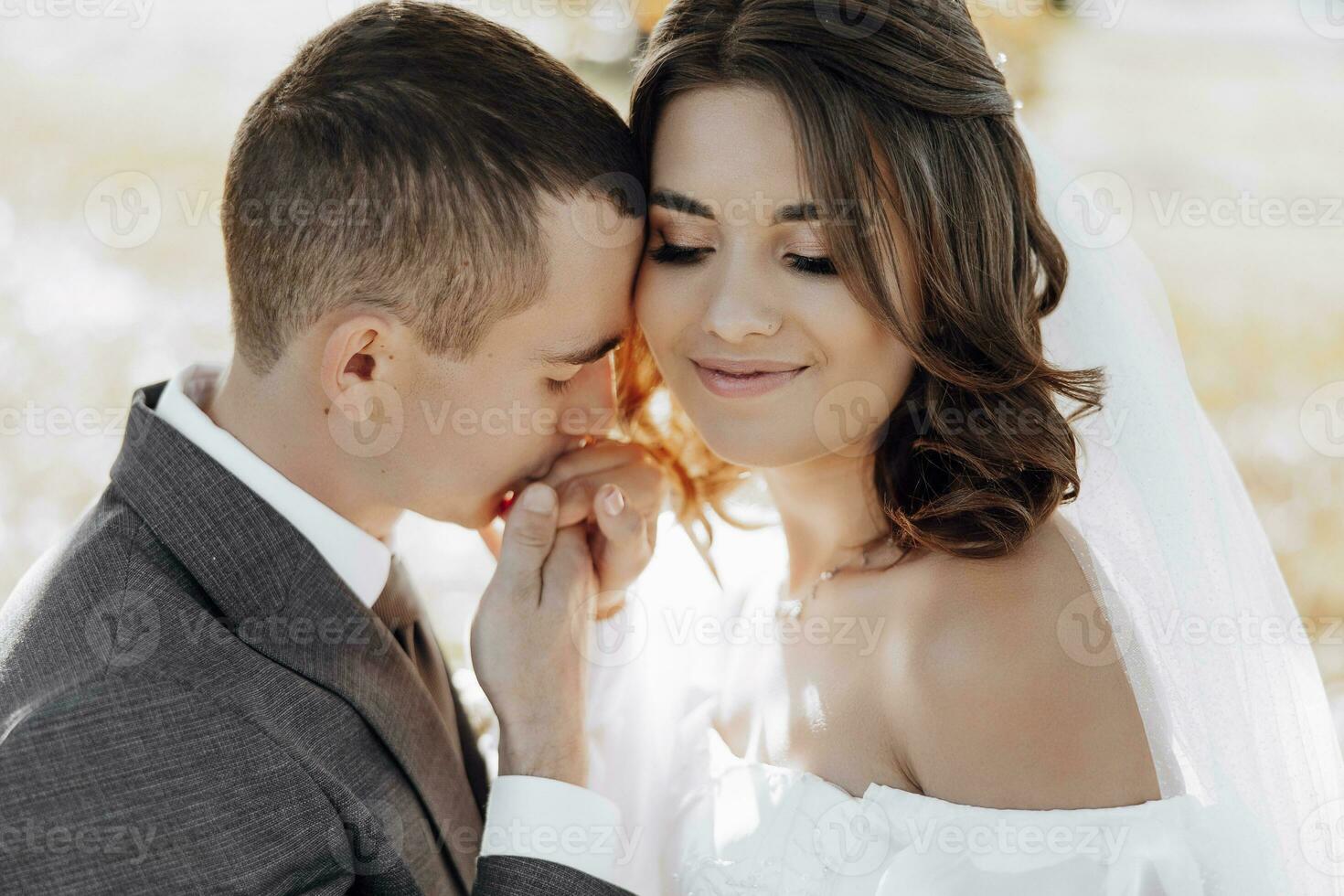 elegante lindo casal. abraços em cada outro. a noivo Beijos dela mão. ela com amor inclinou-se contra ele. linda luz acrescenta uma romântico atmosfera. foto