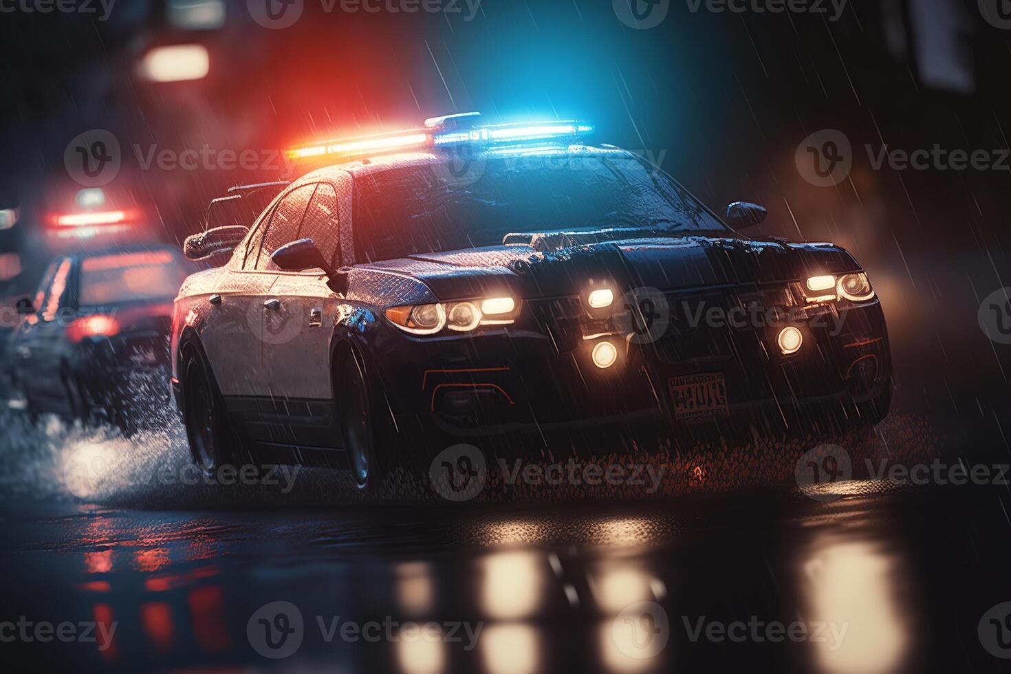 polícia carro patrulha com azul vermelho pisca-pisca e serena dirigindo dentro cidade em chuvoso noite. generativo ai ilustração foto