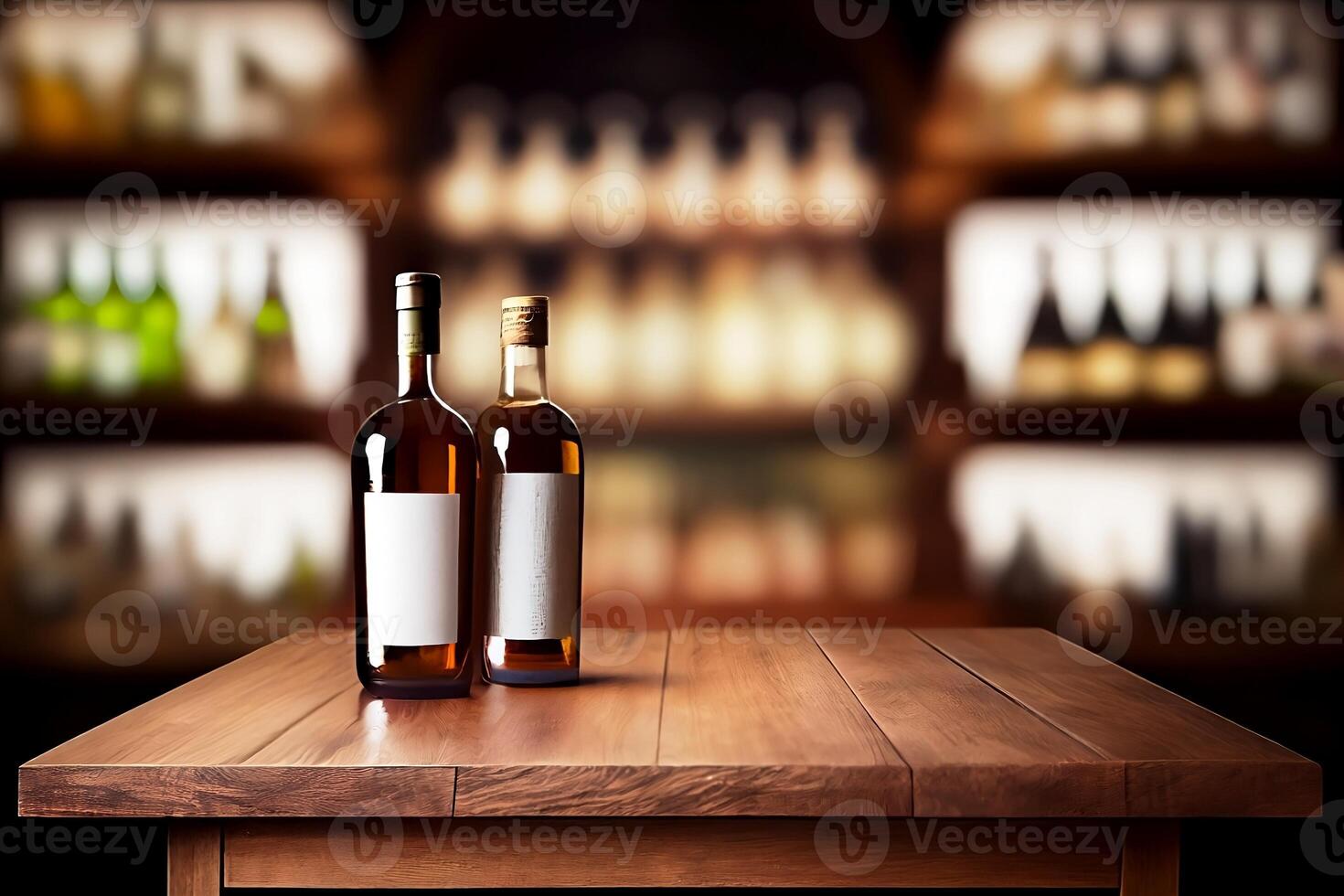 decoração Barra mesa. fechar-se do vinho garrafa em borrão restaurante fundo ai gerado foto