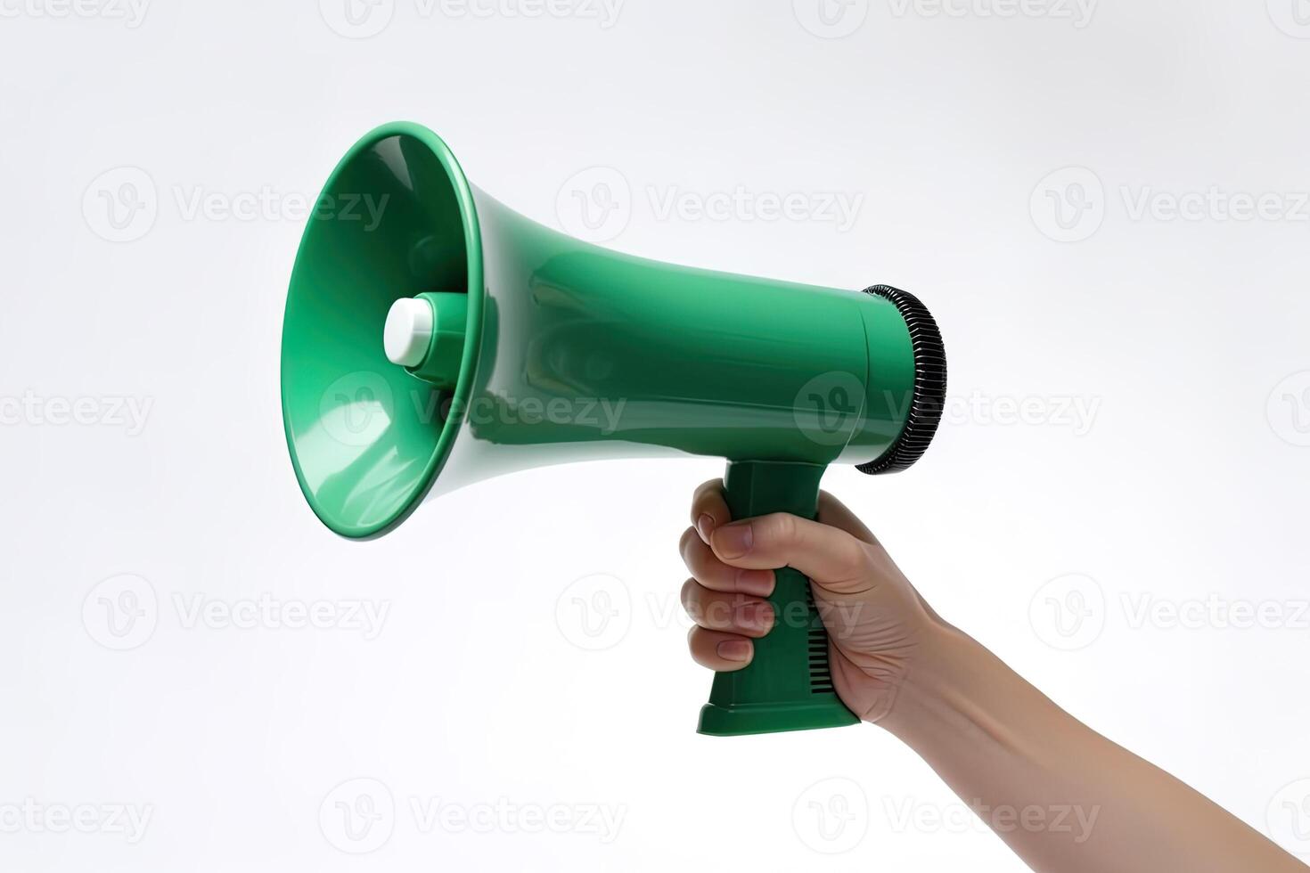 a mão detém uma azul megafone em uma verde fundo. anúncio conceito. gritar isto fora. ai gerado foto
